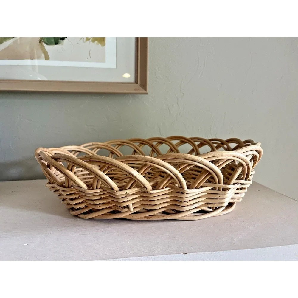 Vintage Basket Bread Roll Serve Fruit Floral Egg Woven Braided Wicker 12.5